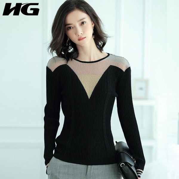 

women's sweaters [hg] 2021 spring korea fashion women o-neck full sleeve casual female patchwork loose pullover knitted sweater lyh3126, White;black