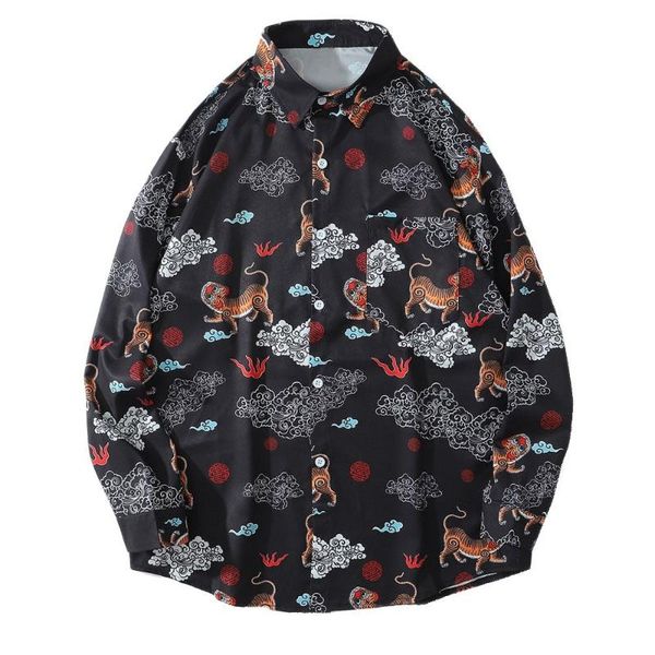 

men's casual shirts hip hop mens 2021 button tropical blouse shirt funny tiger print long sleeve hawaiian beach harajuku, White;black