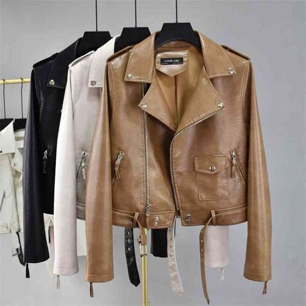 

fmfssom faux leather snake print jackets women spring rivet zipper belt overcoat slim motorcycle full coat 210916, Black