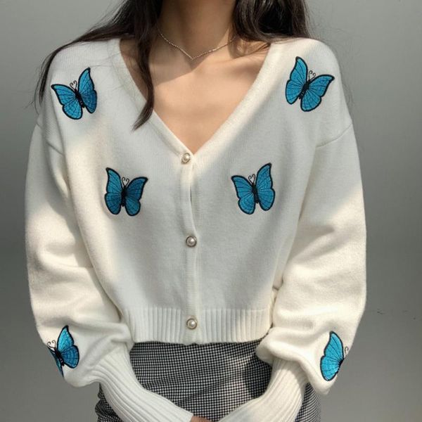 

women's knits & tees women knitted cardigans sweater fashion autumn long sleeve loose coat casual button v neck butterfly embroidered, White