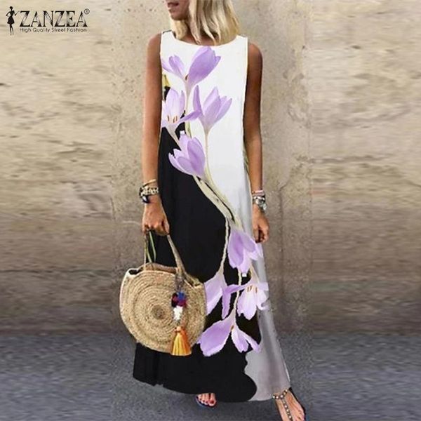 

casual dresses bohemian 2021 zanzea women's printed sundress summer maxi dress sleeveless tank vestidos female floral robe oversized, Black;gray