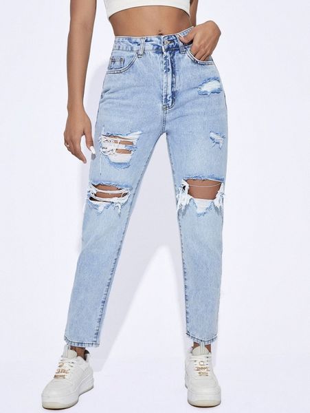 

ripped detail mom jeans 19wg#, Blue
