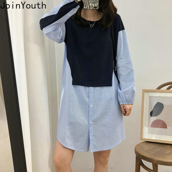 

casual dresses joinyouth women dress fake two pieces striped patcheork robe 2021 korean clothes loose vestidos sweet mini, Black;gray