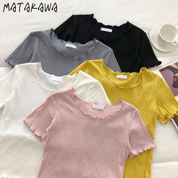 

matakawa summer woman tshirts korean pure wave side round neck t shirts short sleeve short slim t-shirt 210513, White