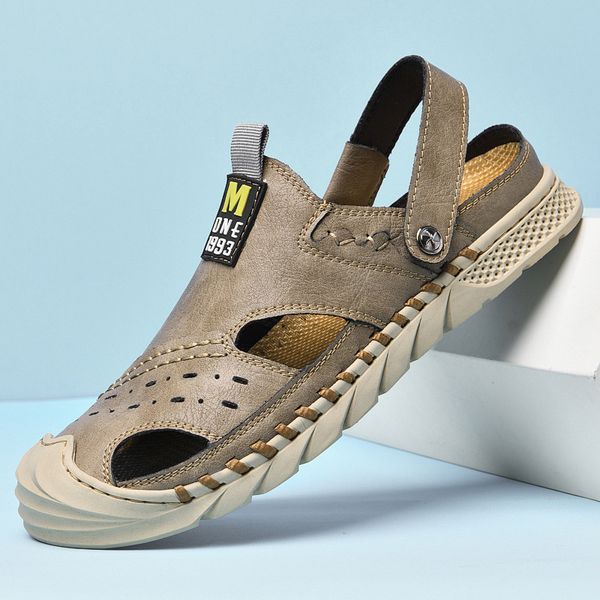 

slippers large size sandals men's fashion casual beach shoes leather summer baotou 7kki, Black