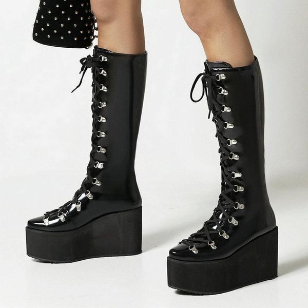

boots 2021 patent pu leather women knee high platform thick bottom ladies motorcycle cross tied round toe women's, Black