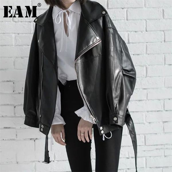 

[eam] spring black pu leather loose turn-down collar zipper fashion women's wild jacket la938 210804, Black;brown