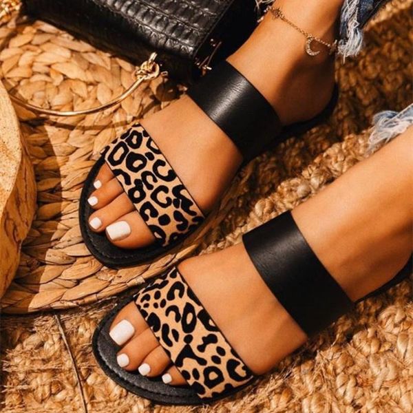 

slippers baitery women's beach 2021 leopard print ladies flat shoes 35-43 plus size female casual slides comfortable sandals, Black