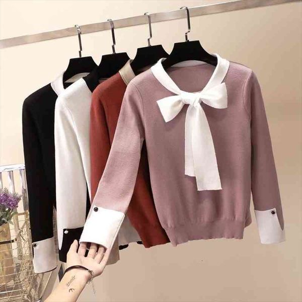 

autumn winter knitted pullover womens sweaters long sleeve bow tie knitwear fashion slim casual women jumper pull femme p536, White;black