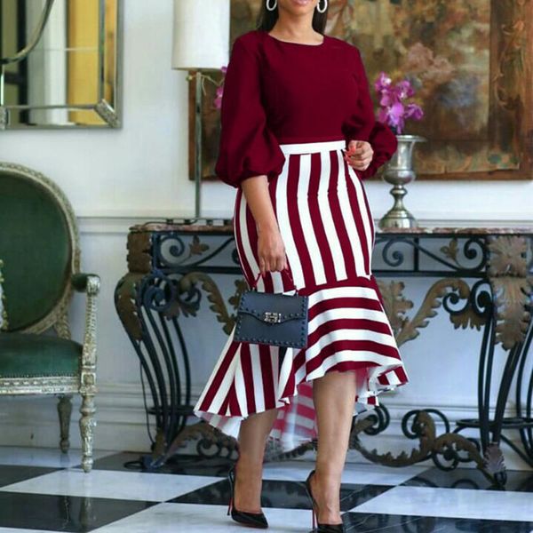 

casual dresses europe america summer fashion temperament commute lantern sleeve round neck stripe splicing african women's dress 2021, Black;gray