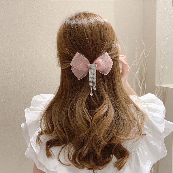 

bow and diamond tassel hairpin fashion dongdamen mori hair ornament simple net red cloth headdress, Golden;silver