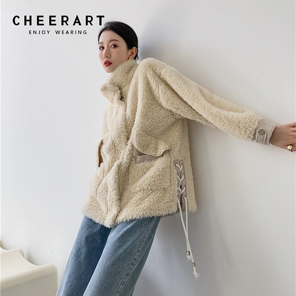 

bandage winter faux fur coats and jackets women beige designer lamb coat ry outerwear korean style 210427, Black