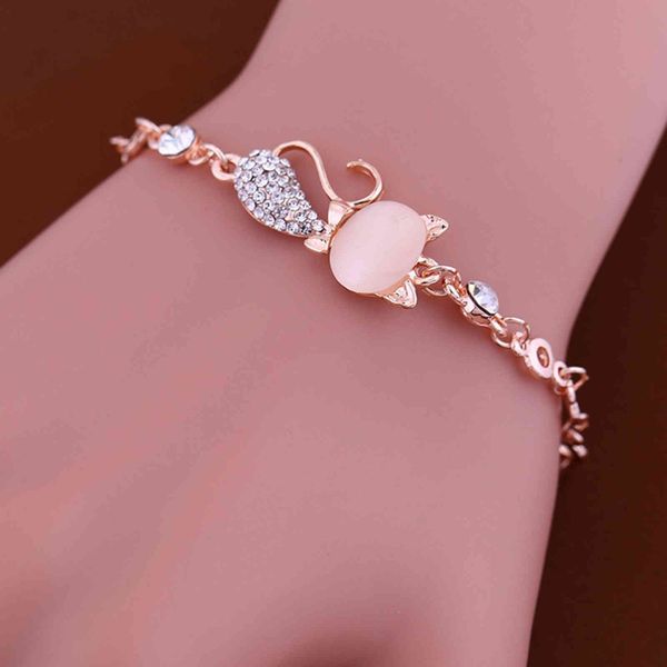 

bluelans lovely cat pendant women ladi opal rhintone bangle bracelet chain jewelry, Golden;silver