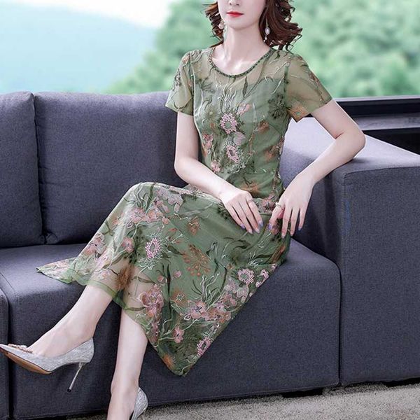 

summer temperament women embroidery party dress mesh embroidered o neck short sleeve casual dresses vestido 210531, Black;gray