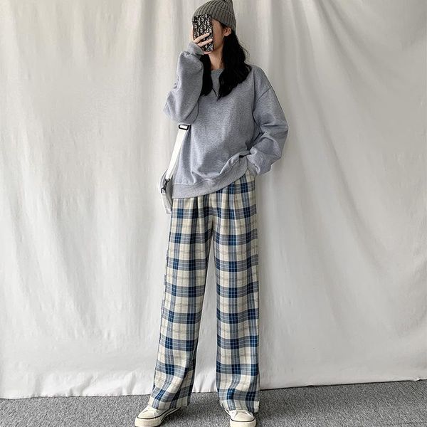 

women's pants & capris plaid casual chic oversize high waist loose wide leg korean retro harajuku hip hop all with, Black;white