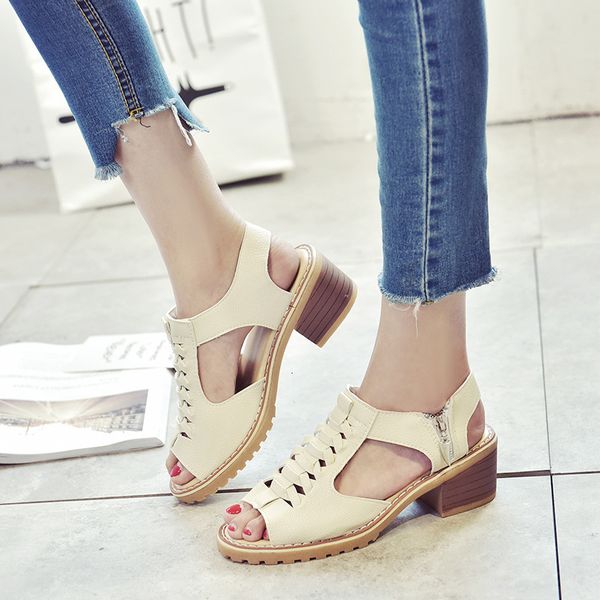 

slippers sandals women female summer low heel roman style tendon fish head side zip vintage foreign trade retro shoes z4gl, Black