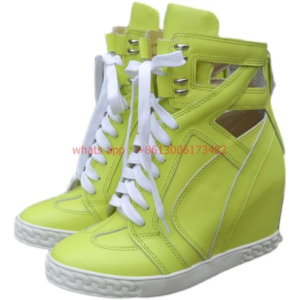 

boots design brand woman neon green high-8cm wedge heel breathable ankle lace up hollow, Black