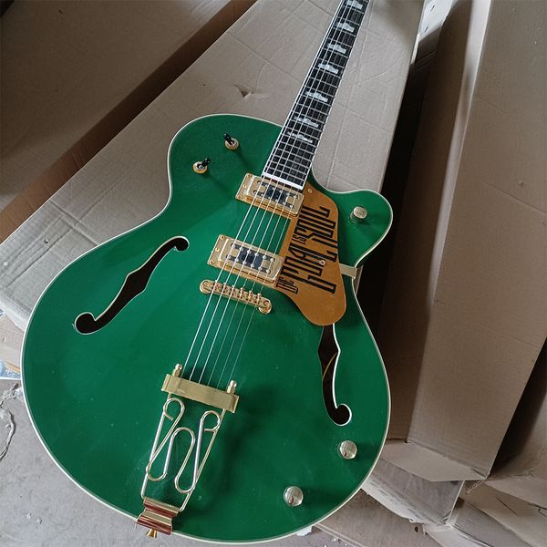 

6 string green semi-hollow electric guitar with gold pickguard,rosewood fretboard