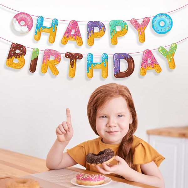 

party decoration girls pink sweet donuts grow up theme design paper happy birthday hanging banners flags baby shower bunting