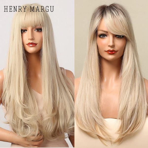 

synthetic wigs henry margu ombre brown platinum blonde long straight wig natural daily lolita with bangs for women heat resistant, Black
