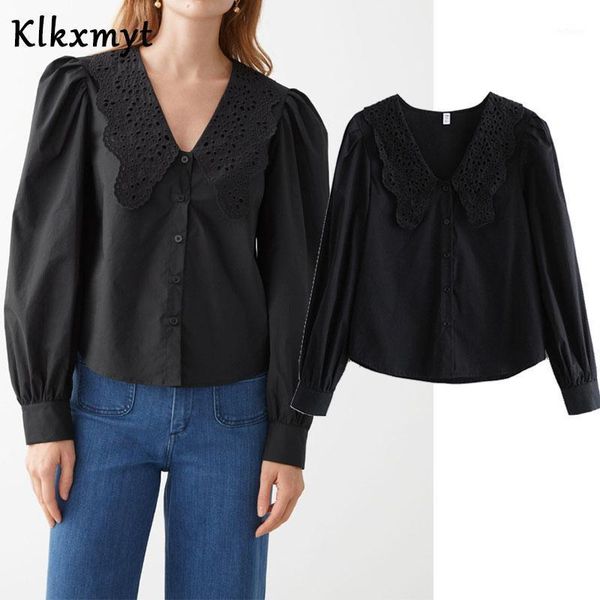 

klkxmyt blouse women 2021 fashion embroidery collar short blouses vintage puff sleeve female shirts chic women's &, White