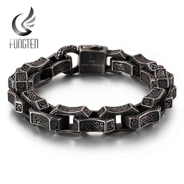 

fongten vintage engraving square bracelet men stainless steel black cuff punk box link chain custom bangle man fashion jewelry, Golden;silver