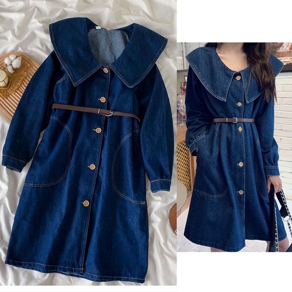 

casual dresses denim dress autumn and winter women's single-breasted with belt, long-sleeved lapel, plus size split jeans, Black;gray