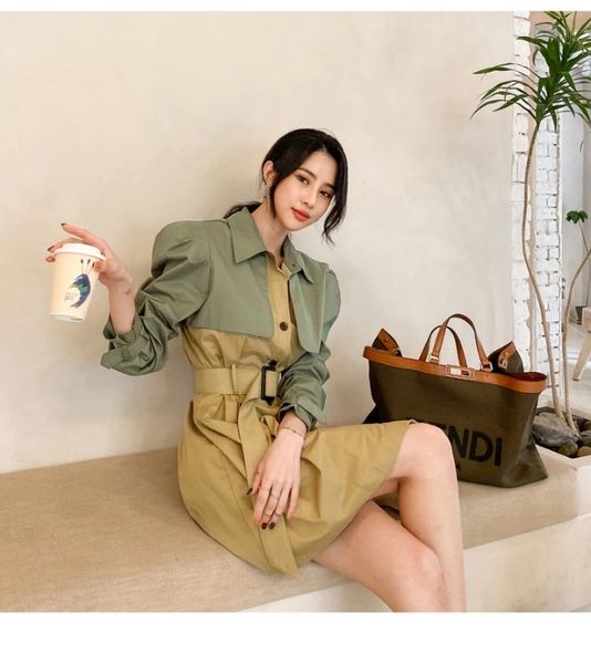 

korean style autumn suit collar long-sleeved lace-up stitching single-breasted trench coat, White;black