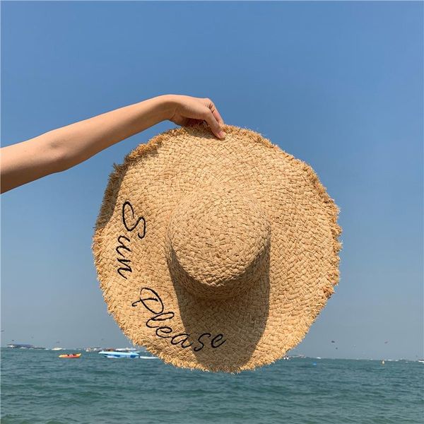 

wide brim hats hand-woven raffia straw hat female summer seaside vacation beach letter embroidery big edge wild sun, Blue;gray