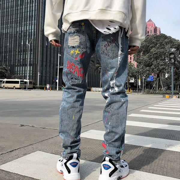 

men's jeans aolamegs flame letter print graffiti denim pants broken hole trousers punk cool jean high street casual streetwear zigv, Blue