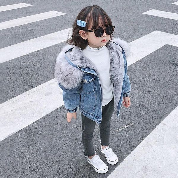 

jackets toddler kids baby girl deinm jacket hooded faux fur fleece warm thick denim coat outwear long sleeve overcoat winter, Blue;gray