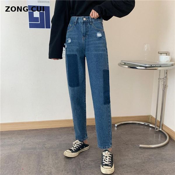 

autumn high waist thin radish pants father stitching 9-point hem straight tube jeans harun woman blue women's