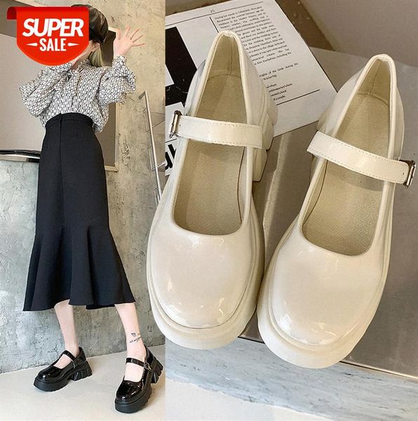 

thick-soled college style single shoes, one word buckle, retro british small leather casual shoes women #vm0b, Black