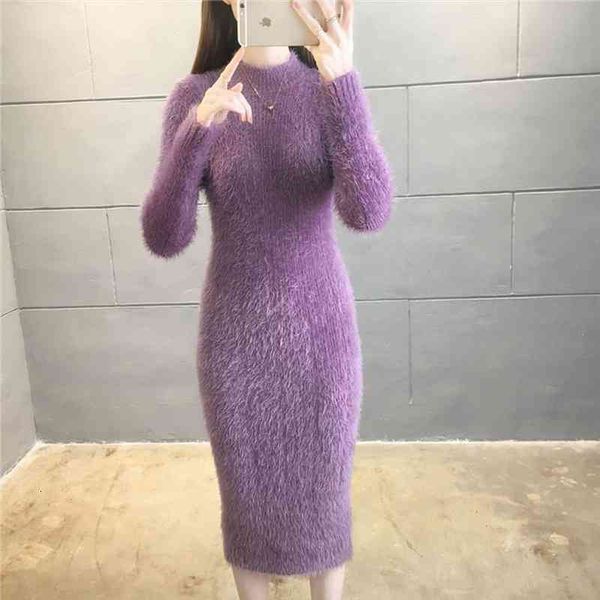 

imitation mink autumn winter fashion long sleeve slim high elasticity knitted dress korean women solid mini bodycon dresses, Black;gray