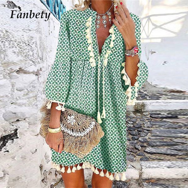 

2021 Summer Lady Vintage Fringed V-Neck Dress Women Casual Printing Loose Beach Dress Sexy Tassel Mini Party Dress Vestidos, Blue