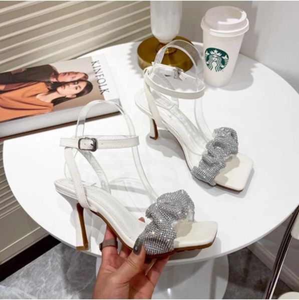 

sandals 2021 fashion design pleated rhinestones women summer female shoes crystal open toe ankle buckle strap thin high heels, Black