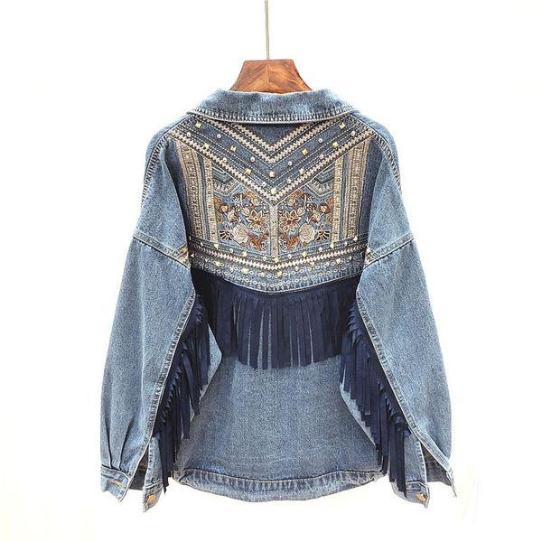 

women's jackets women denim coat jacket fringed heavy embroidered loose spring and autumn clothes trend, Black;brown