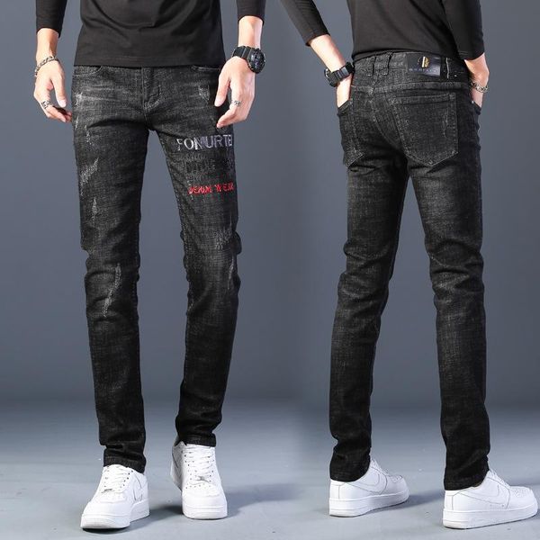 

113-1214 ripped jeans, korean version, slim stretch, versatile beggar pants 2021 logo embroidered men's jeans, Blue