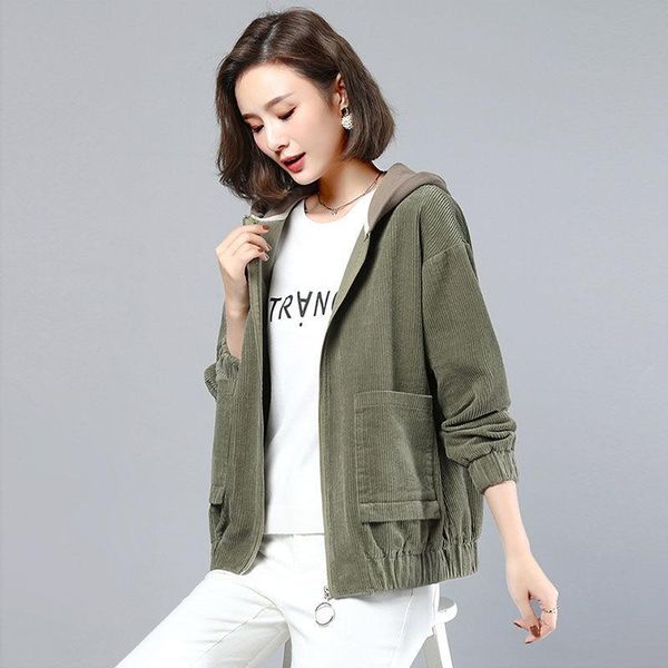

women's wool & blends corduroy cotton jackets korean fashion autumn jacket 2021 winter clothes woman fleece coat zipper cardigan hooded, Black