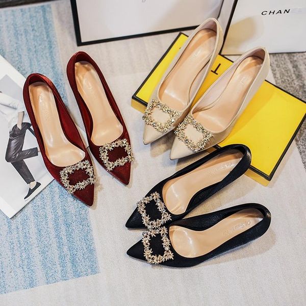 

dress shoes 2021 red wedding with rhinestone square buckle stiletto heels fashion pointed single temperament bridal, Black