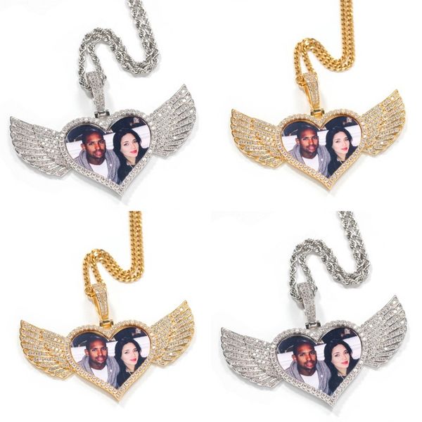 

18k gold plated custom made p wings heart shape medallions necklace pendant 4mm tennis chain cubic zircon men's hiphop jewelry 135 r2, Silver