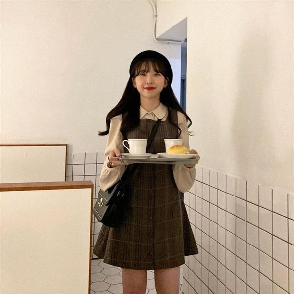 

sweet sister small suit arty women tracksuits apricot long sleeved shirt short gridded vest dress two piece set autumn new., Gray