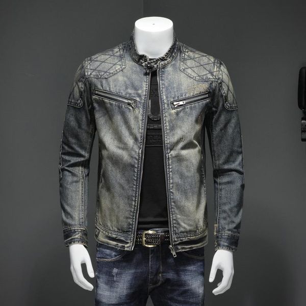 

men's jackets blue denim vintage classic biker motorcycle jacket stand collar retro slim fit distressed racer jeans coat drop, Black;brown