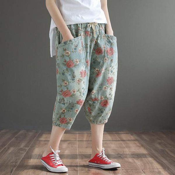 

women's jeans summer floral women printed spliced elastic waist calf-length vintage denim trousers female wild, Blue