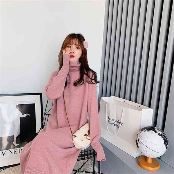 

female sweater autumn and winter long solid color long-sleeved knit loose high neck dress thick warm 210427, White;black