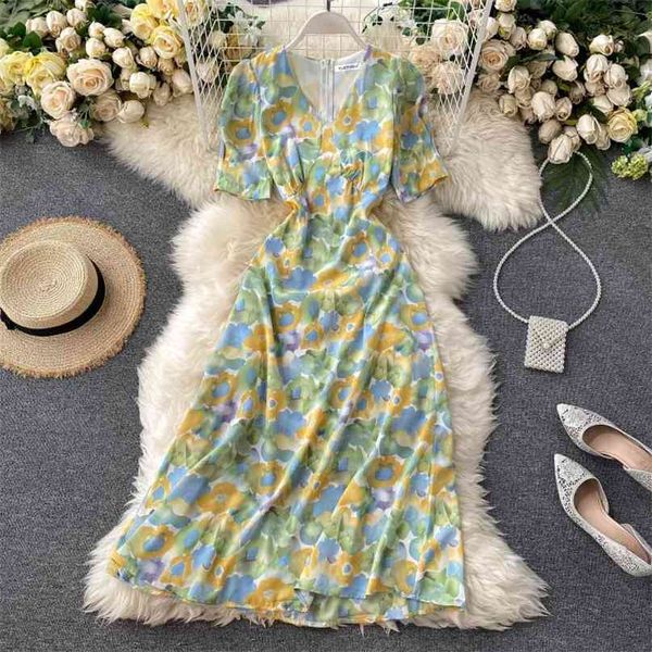 

women print dress female fashion elegant short sleeve v-neck high waist thin vintage vestidos m249 210527, Black;gray