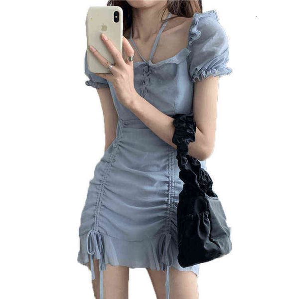 

korean women's summer girls slim solid chiffon drawstring drs, Black;gray