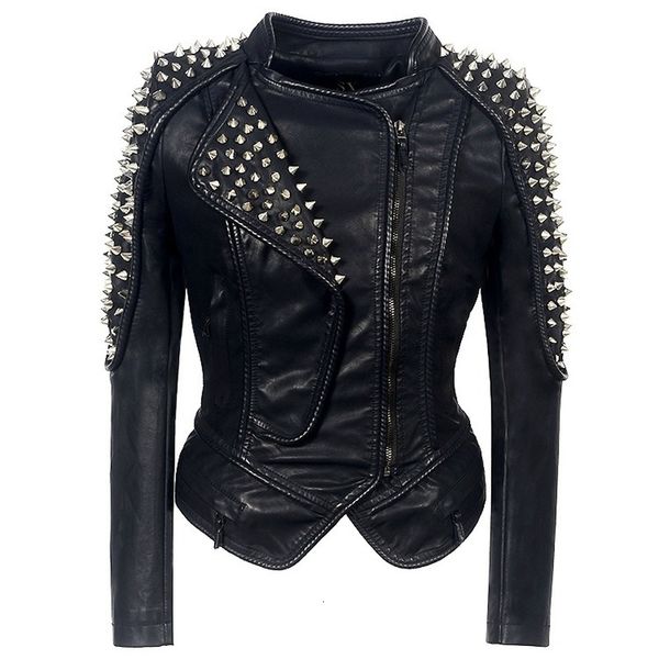

leather s-6xl fashion women rivets punk rock dj pu jackets moto biker stand collar short faux leather coats black a188