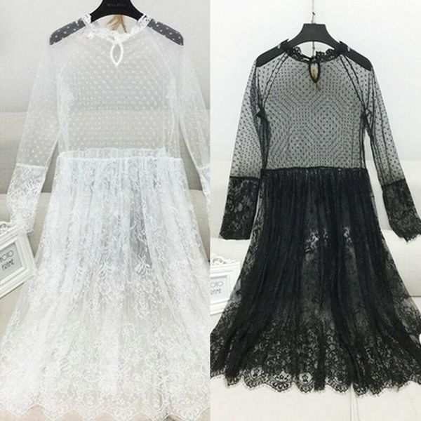

casual dresses women mesh lace long sleeve dress perspective see through party female clothing autumn ladies, Black;gray