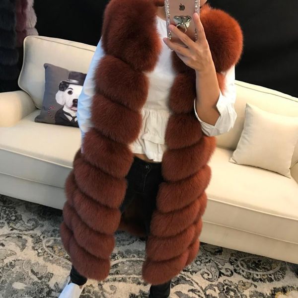 

women's fur & faux vest real lady women natural 90cm length, Black